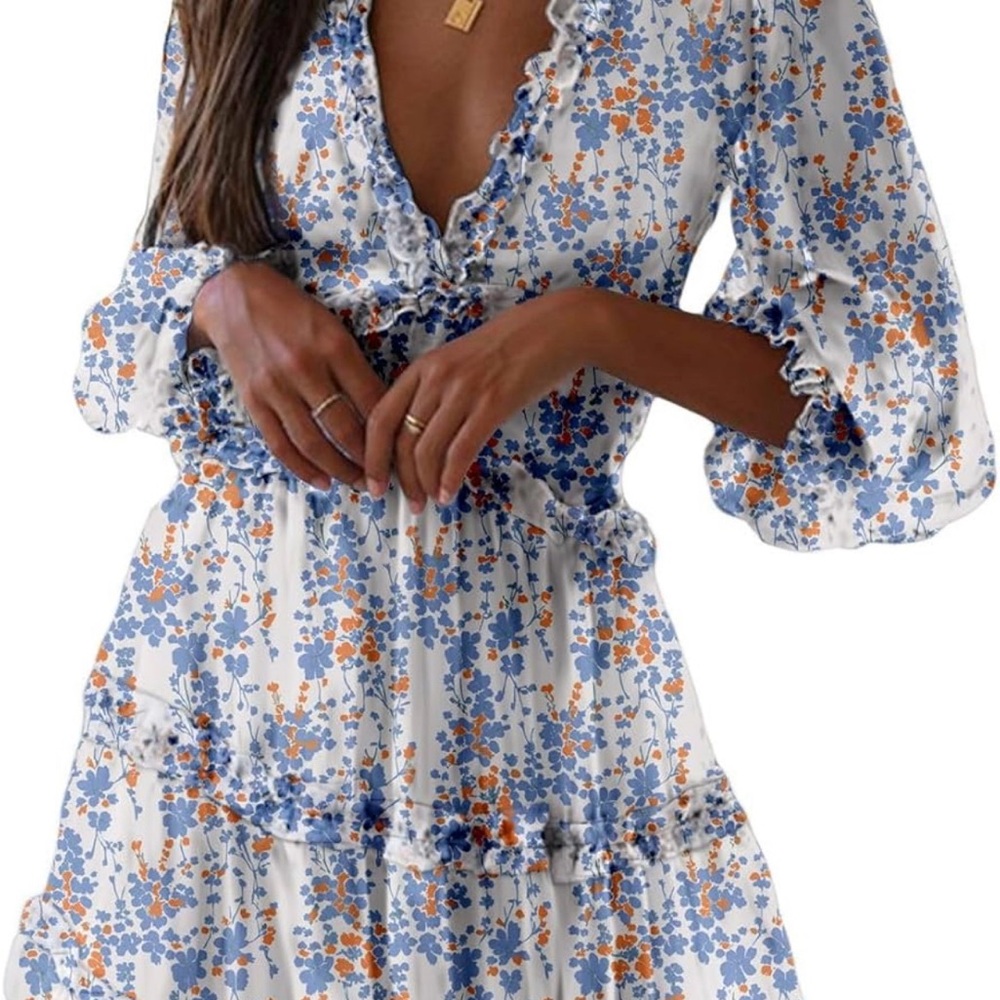 Floral Ruffle Dress in Blue and Orange